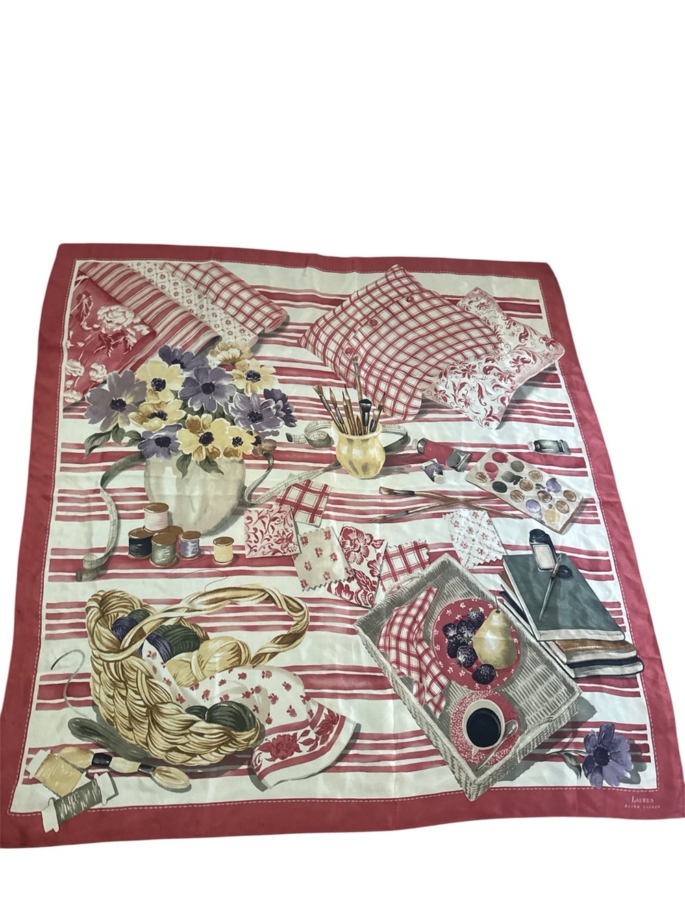 Lauren Ralph Lauren Floral & Picnic Print Square Scarf in Red and Cream silk